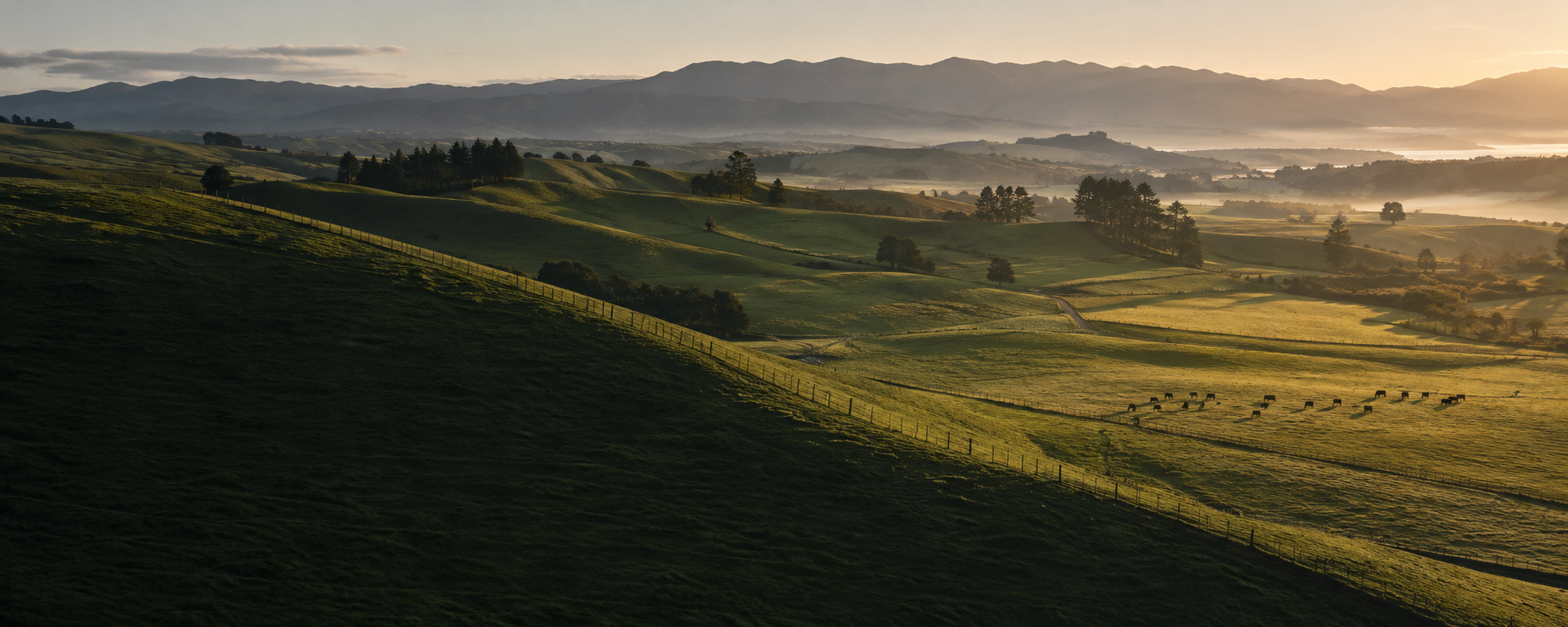 Rolling New Zealand pastoral land in early morning light